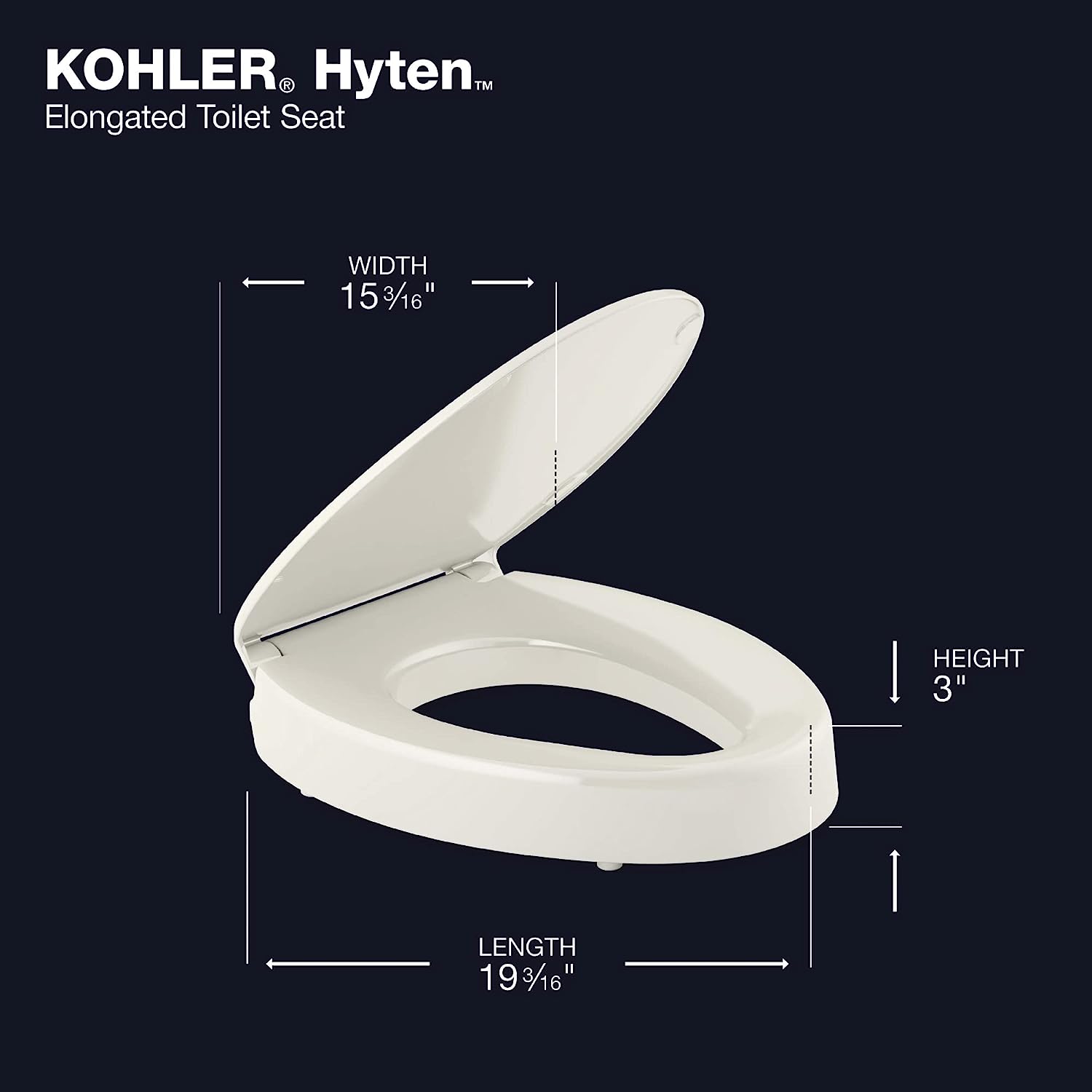 25875-96 Hyten Elevated Quiet-Close Elongated Toilet Seat, Contoured Seat with Grip-Tight Bumpers, Quick-Attach Hardware, Biscuit