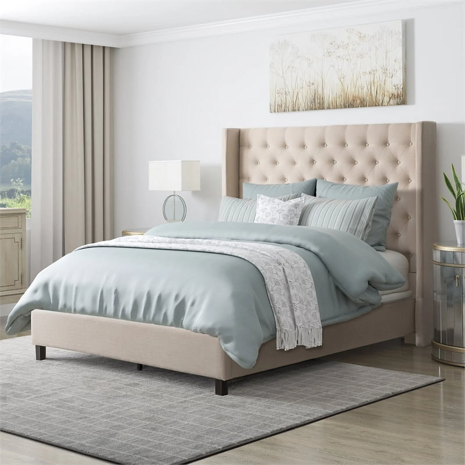CorLiving Fairfield Fabric Tufted Wingback Queen Bed with Slats in Cream