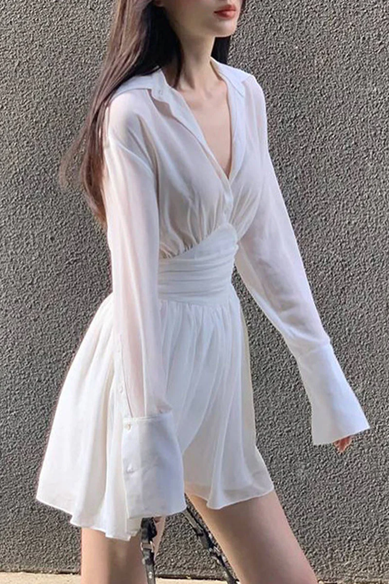 Chiffon Turndown Collar Waist Fit & Flare DressClistos