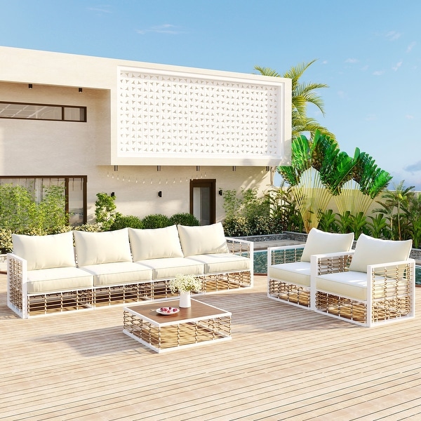 Modern Minimalist 7Piece Metal Patio Sectional Sofa Set,AllWeather Garden Conversational Furniture Set with Coffee Table