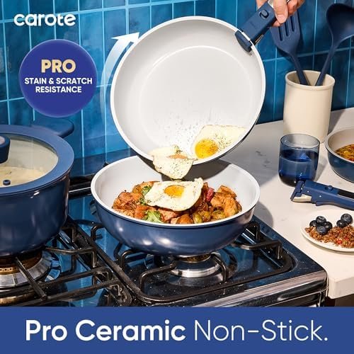 27pcs Ceramic Cookware Set Nonstick, Pots and Pans Set Non Stick, Non Toxic Cookware Detachable Handles, Dishwasher/Oven Safe, RV/Camping Cookware, Pan and Pot with Kitchen Utensils, Navy Blue