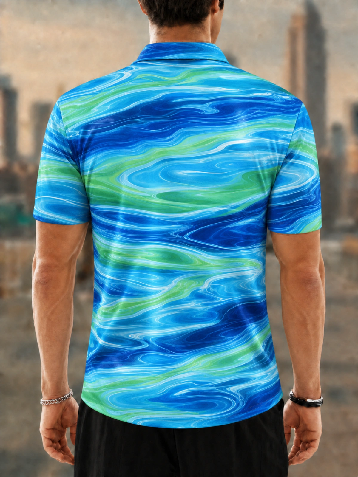Men's Blue Green Water Ripple Printed Golf Polo Shirt