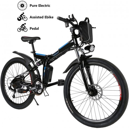 26” Electric Bicycle Electric Mountain Bike for Adult with 36V Lithium-Ion Battery 250W Powerful Motor 21 Speed Ebike (Black Blue)