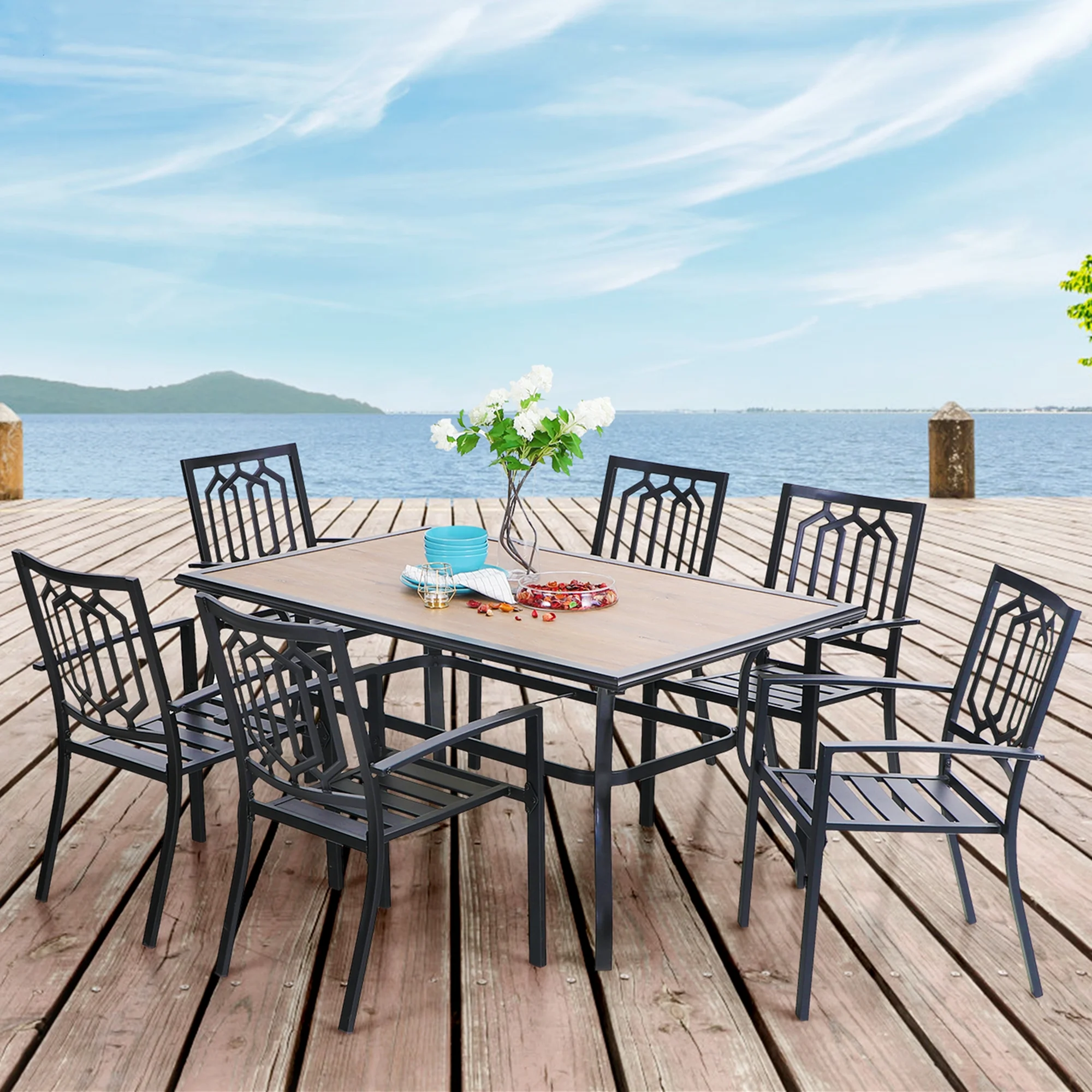 MF Studio 7-Piece Outdoor Patio Dining Set Metal Steel Furniture with 6 PCS Stackable Armchairs& 1 PC Rectangular Table for Dinner&Summer, Black