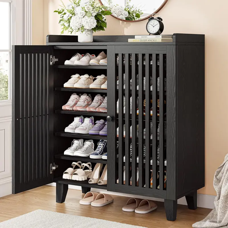 Slatted-Door 6-Tier Shoe Storage Cabinet – Industrial-Chic Steel and Wood Design