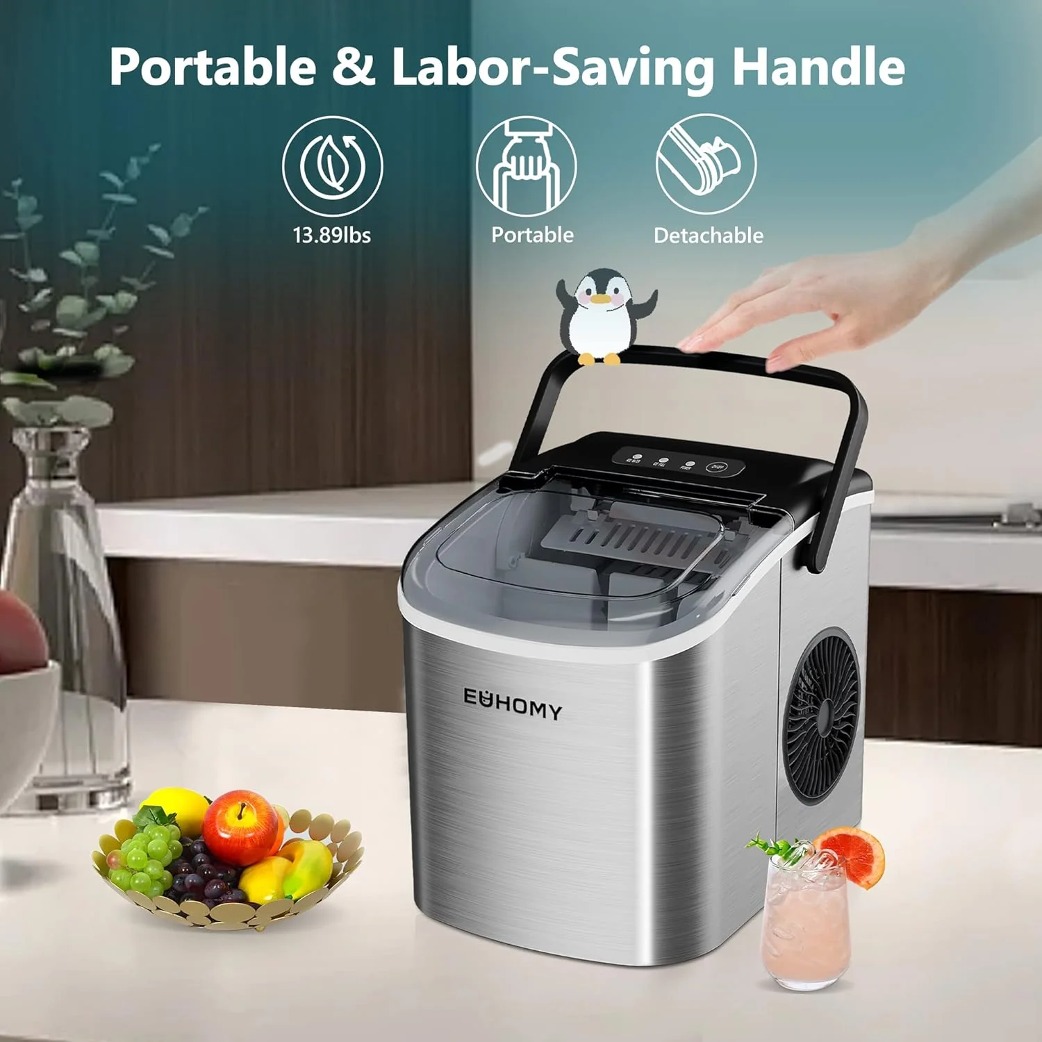 Energy-saving 12'' Silver Bullet Ice Portable Ice Maker with Handle