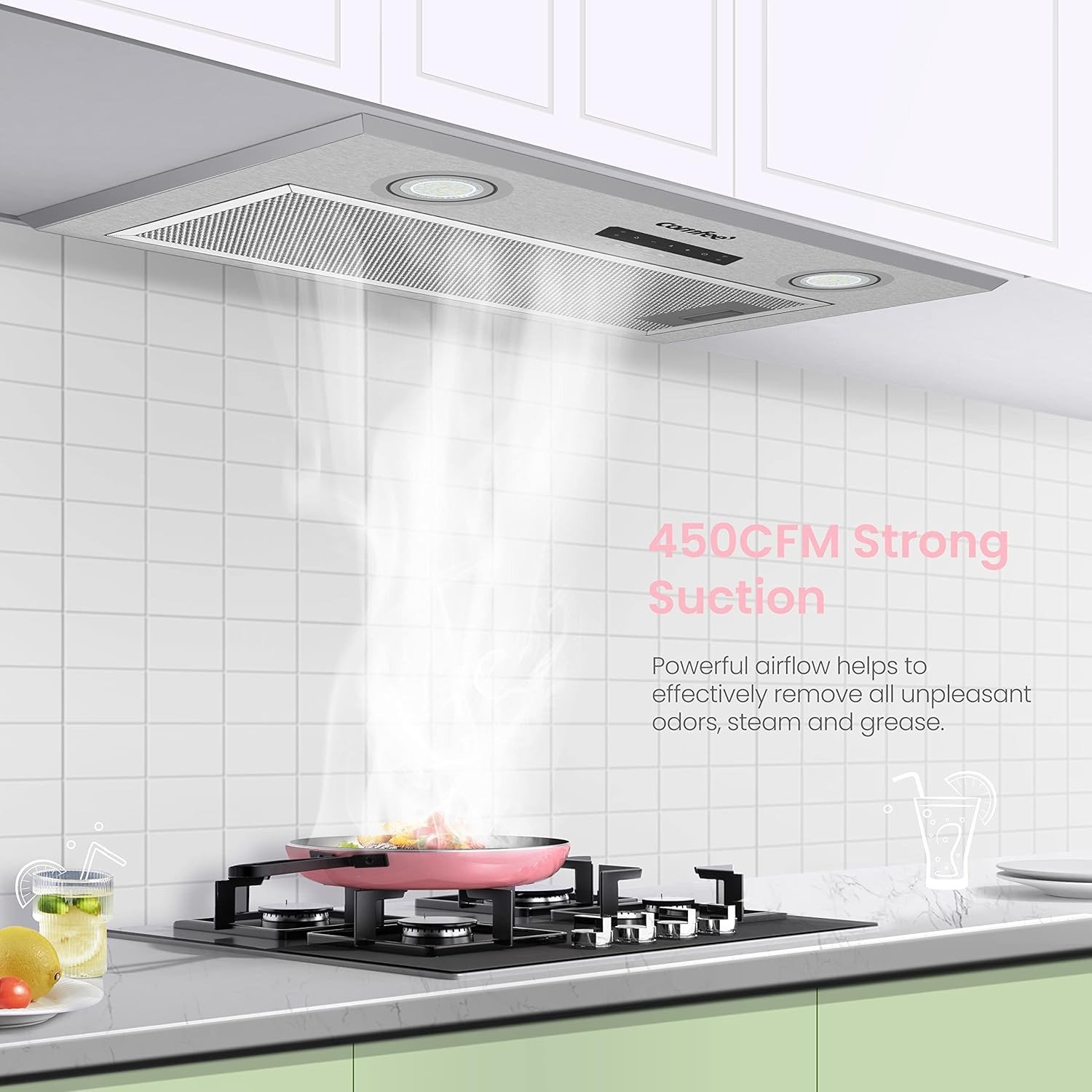 Range Hood 27 inch, Built-in/Insert Vent Hood 450 CFM, 3 Speed Gesture Sensing & Touch Control Panel Stainless Steel Kitchen Stove Hood, Ducted/Ductless Convertible Duct
