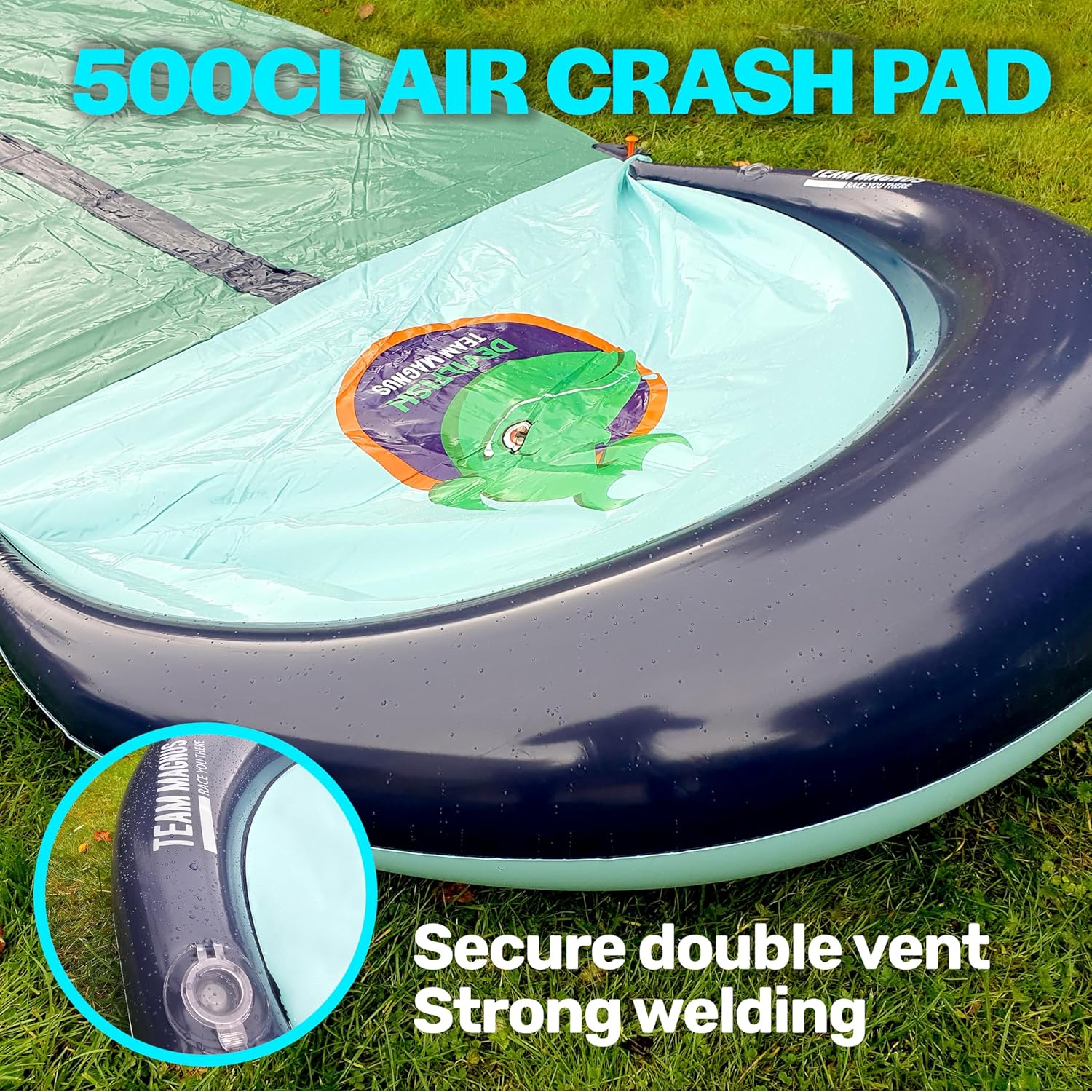 TEAM MAGNUS 31ft Slip n Slide with 500CL Inflatable Crash pad. Slip and Slide for Kids Ages 8-12 in Heavier, 0.22mm PVC with Adjustable sprinklers (372