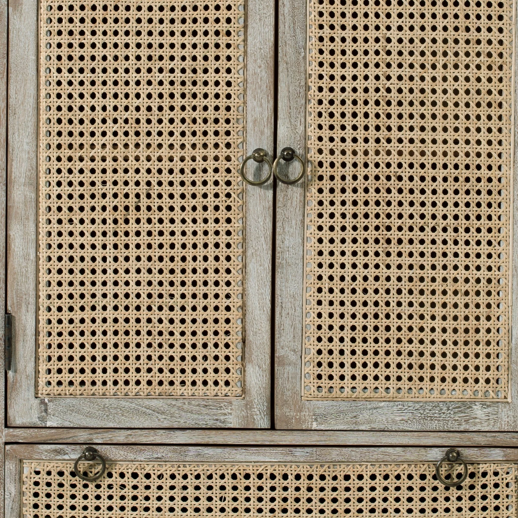 38 Inch 2 Door Cabinet, 1 Drawer, Acacia Wood, Cane Front, Weathered White