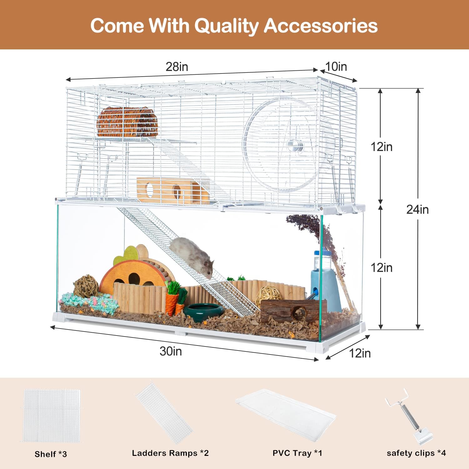 3 Tiers Large Hamster Cages, Glass Hamster Cage Habitat with Openable Wire Topper, Gerbil Cage with Two Ladders Ramps and Removeable Waterproof PVC Tray, Easy to Clean