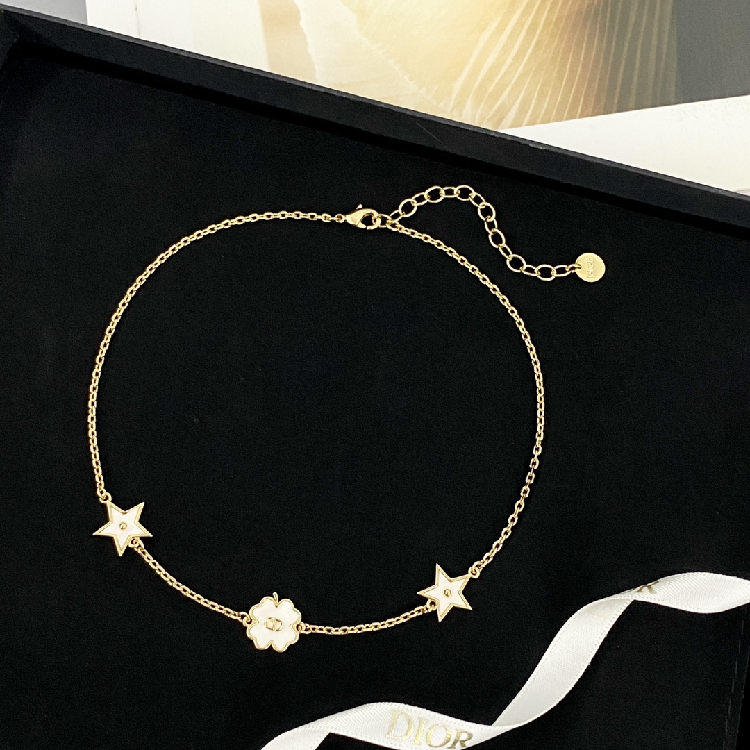 Dior White Mother-of-Pearl Four-Leaf Clover Star Necklace - cnluxepick