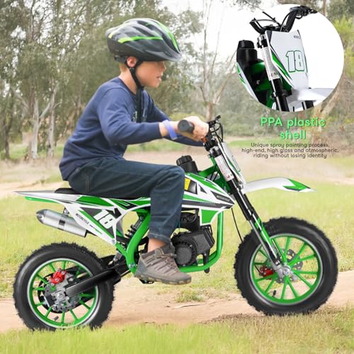 YOXIER 50cc Kids Dirt Bike,2-Stroke Gas Mini Bike, Dirt Bike for Kids 8-14,Gas Power Pocket Rocket Bike,Gas Motorcycle with Front Rear Disc Brakes, Off Road Mini Motorcycle Max Load 330Lbs Green