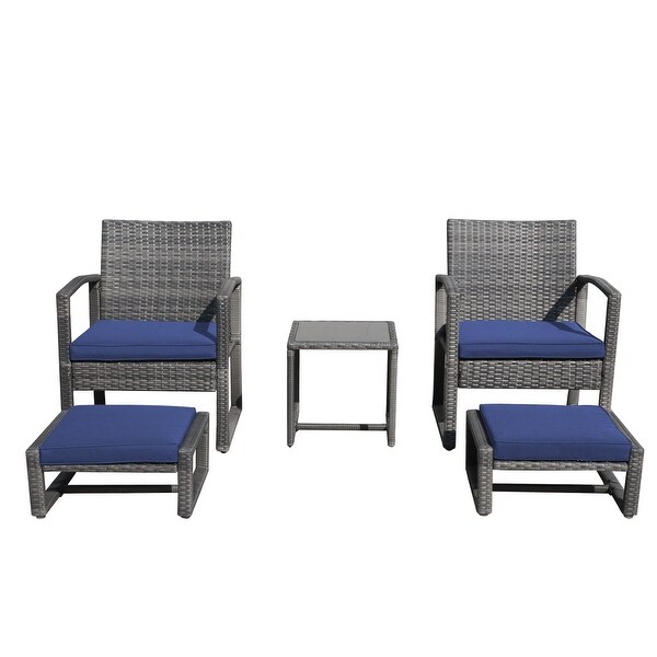 5Piece Patio Wicker Chat Set with Armchairs,Ottomans and Side Table