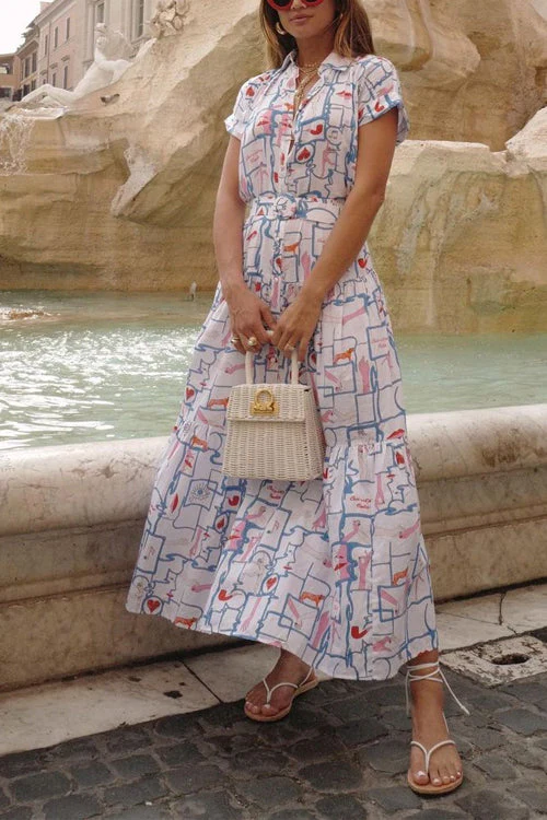 Abstract Print Ruffle Maxi Shirt DressClistos