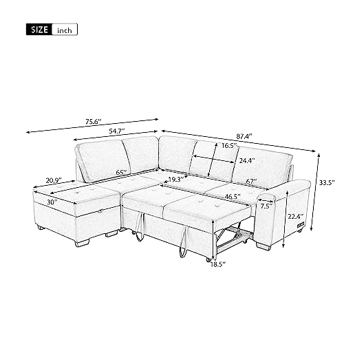 Merax Sofa Bed Sleeper Couch L Shaped Sofa with Pillows and USB Ports, L-Shape Sectional Couch with Comfortable Backrest and Power Sockets for Living Room and Small Apartment (Navy Blue)