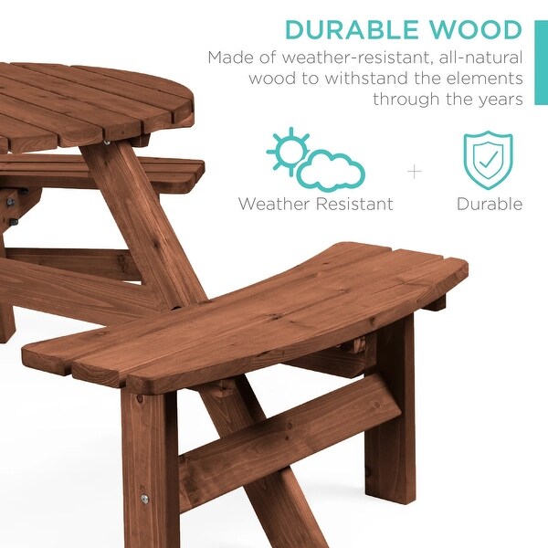 6Person Circular Wooden Picnic Table w/ Umbrella Hole,3 Benches