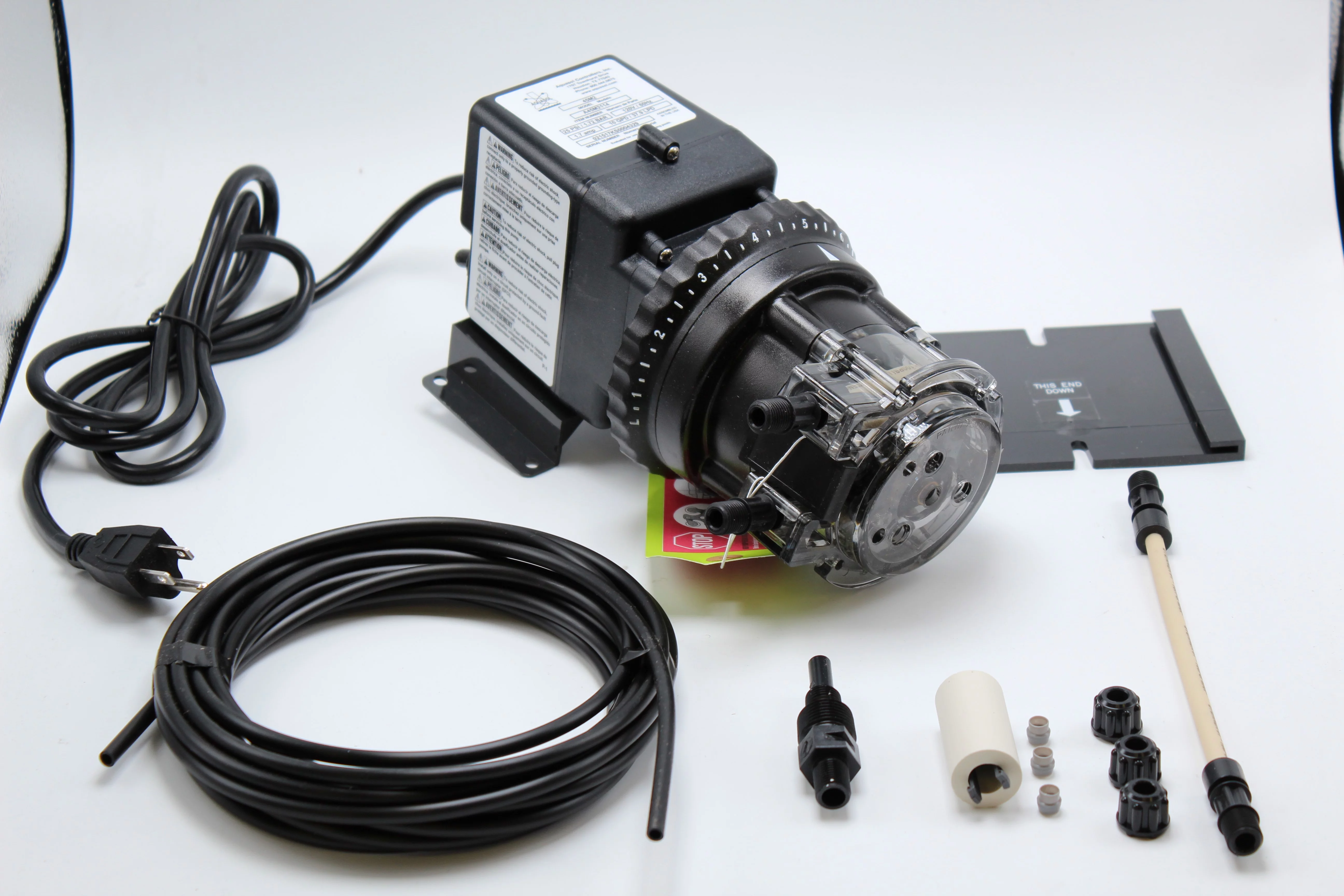 Stenner Pump 85mhp1 - Stenner Peristaltic Pump Adjustable Head - Rated at 0.3 to 5 gpd adjustable head. Rated at 100 psi. - Ideal Chlorine Injection Pump. 120 Volts, Model number 85MJH1A2S