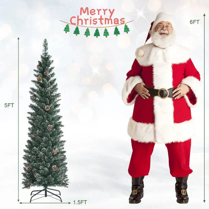 Slim Snow-Flocked Pencil Christmas Tree – Pre-Lit Artificial Tree with Hinged Branches
