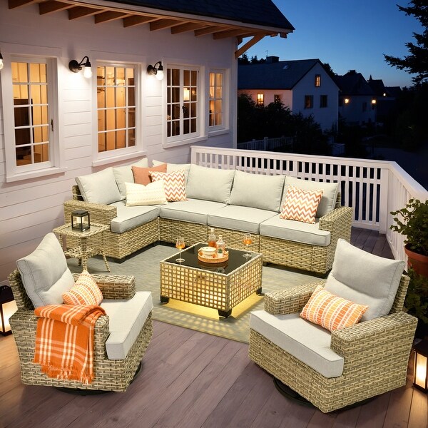 OVIOS 9 Pieces T shaped Seat Wide Armrest Swivel Chair Set With SolarPowered Table