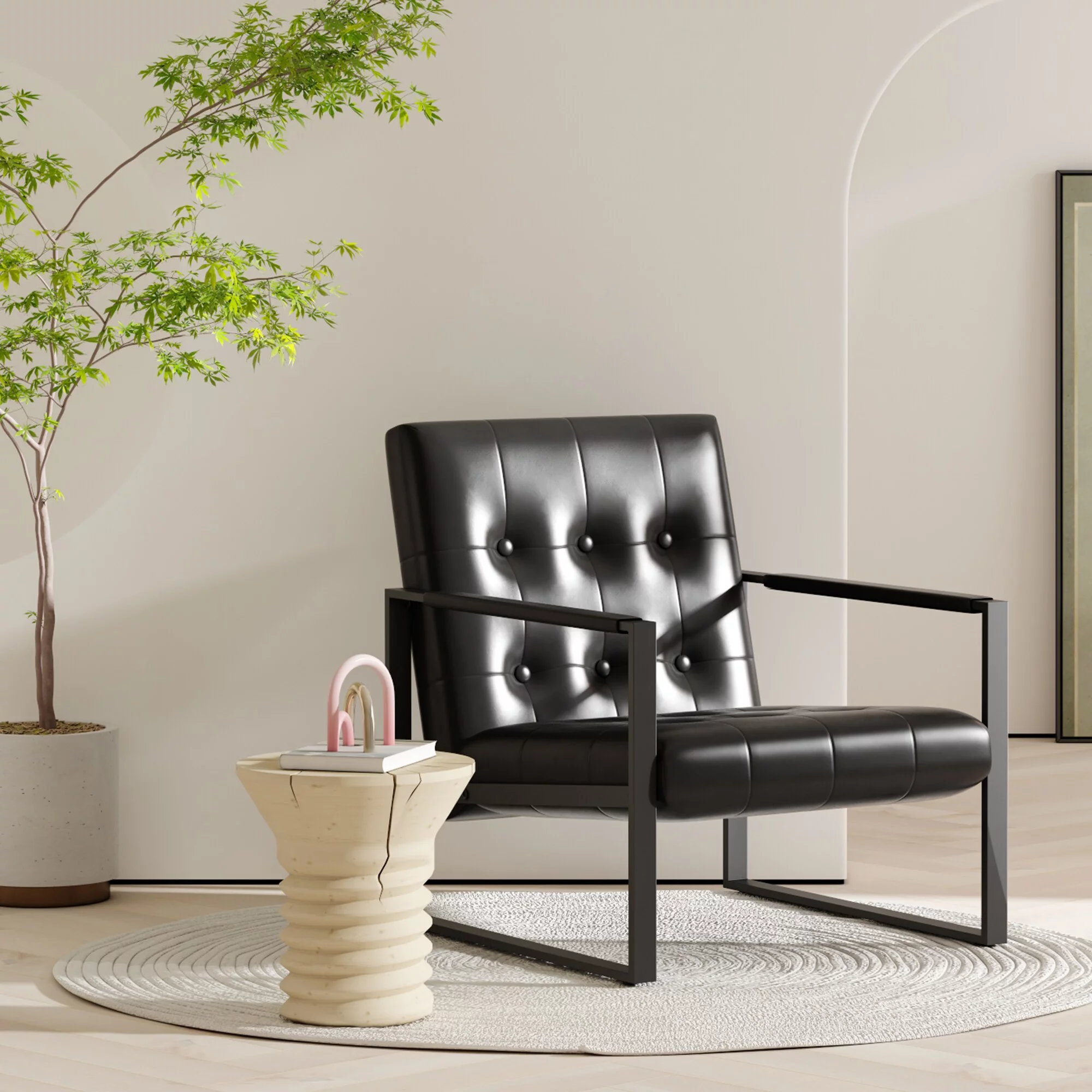 Mieres Mid-Century Style Faux Leather Accent Chair, Armchair with Steel Frame, Modern Single Sofa Chair for Living Room Bedroom Office Brown