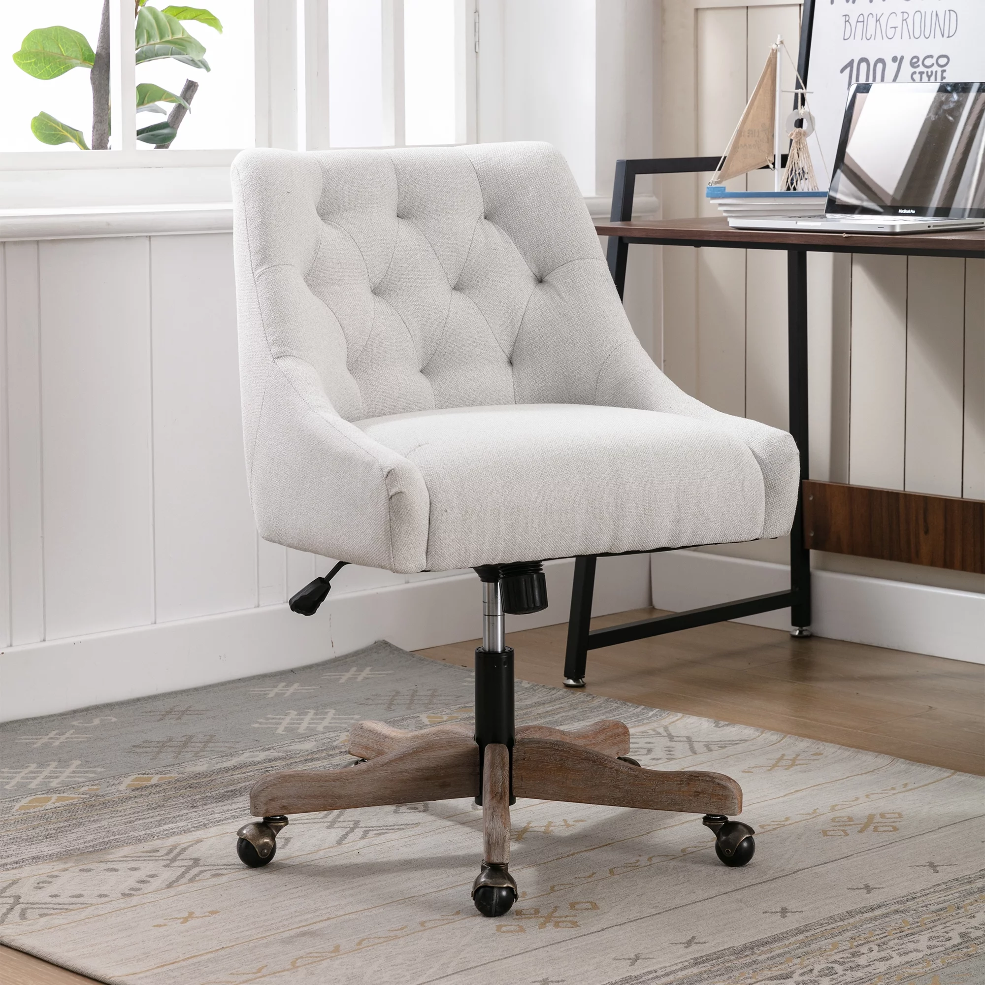 Living Room Swivel Shell Chair Modern Leisure Office Chair Padded Mid Back Office Computer Desk Chair Adjustable Height Reclining Lumbar Support (Beige)
