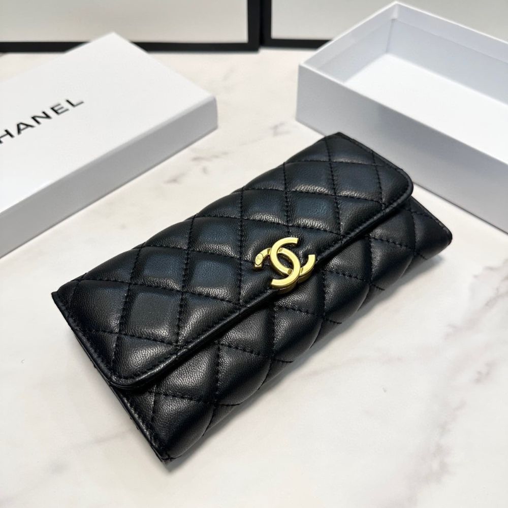 Chanel Cc Logo Long Flap Wallet Gold Black 7.5 Inches