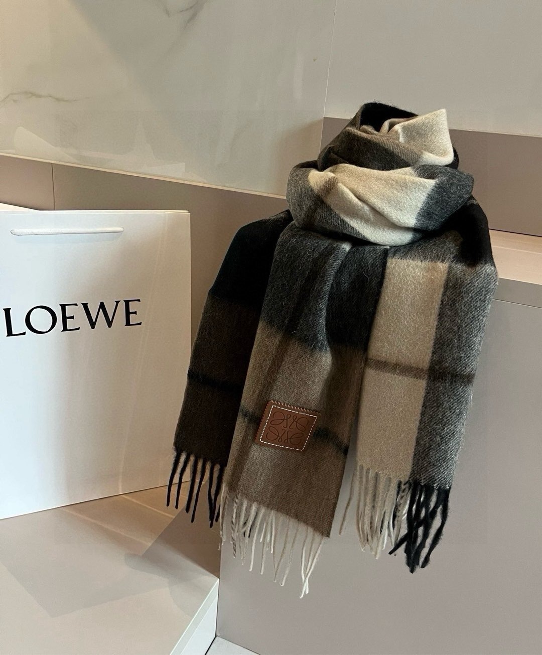 Loewe Cashmere Scarf Check Black Beige For Women 180cm