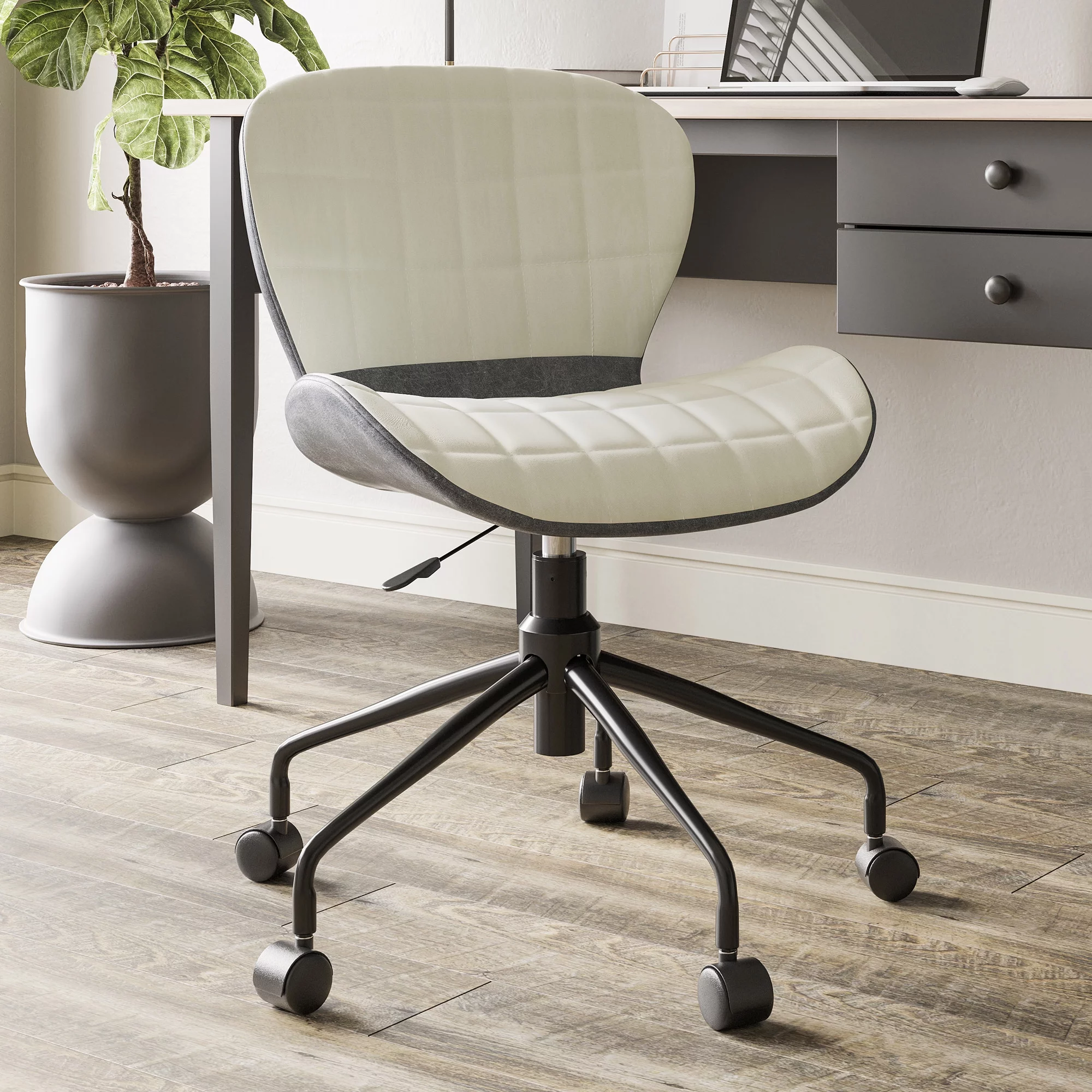 BELLEZE Modern Upholstered Linen Desk Chair with Swivel Wheels and Adjustable Height, Contemporary Rolling Office Task or Vanity Seating - Melina (Gray & Beige)