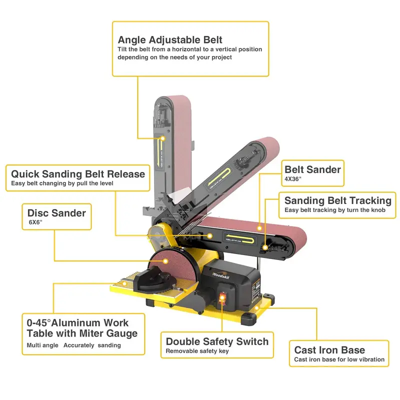 Woodskil 4.3-Amp 4 x 36-Inch Belt & 6-Inch Disc Sander Combo – Dual-Function Power Sander