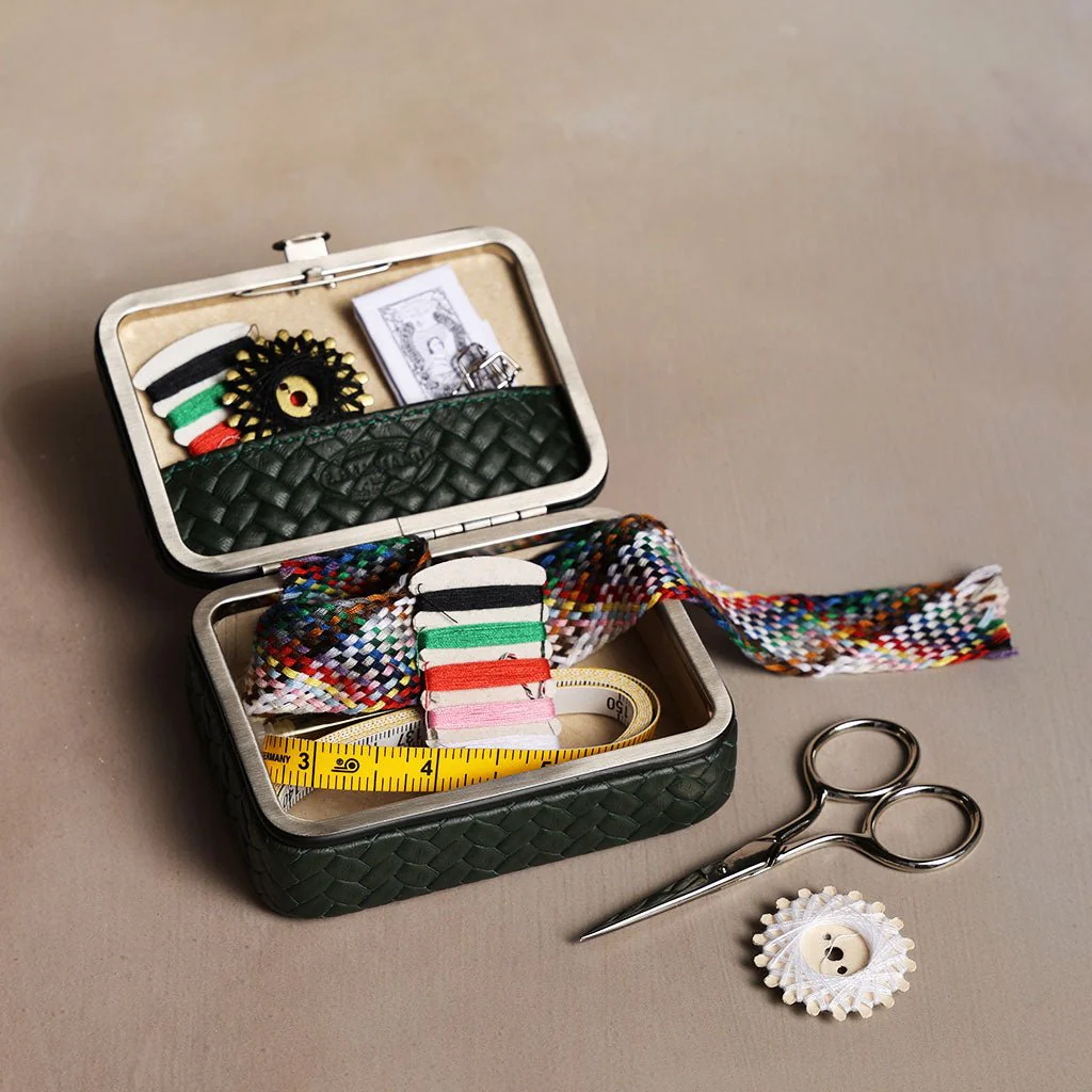 Green Leather Framed Sewing Set