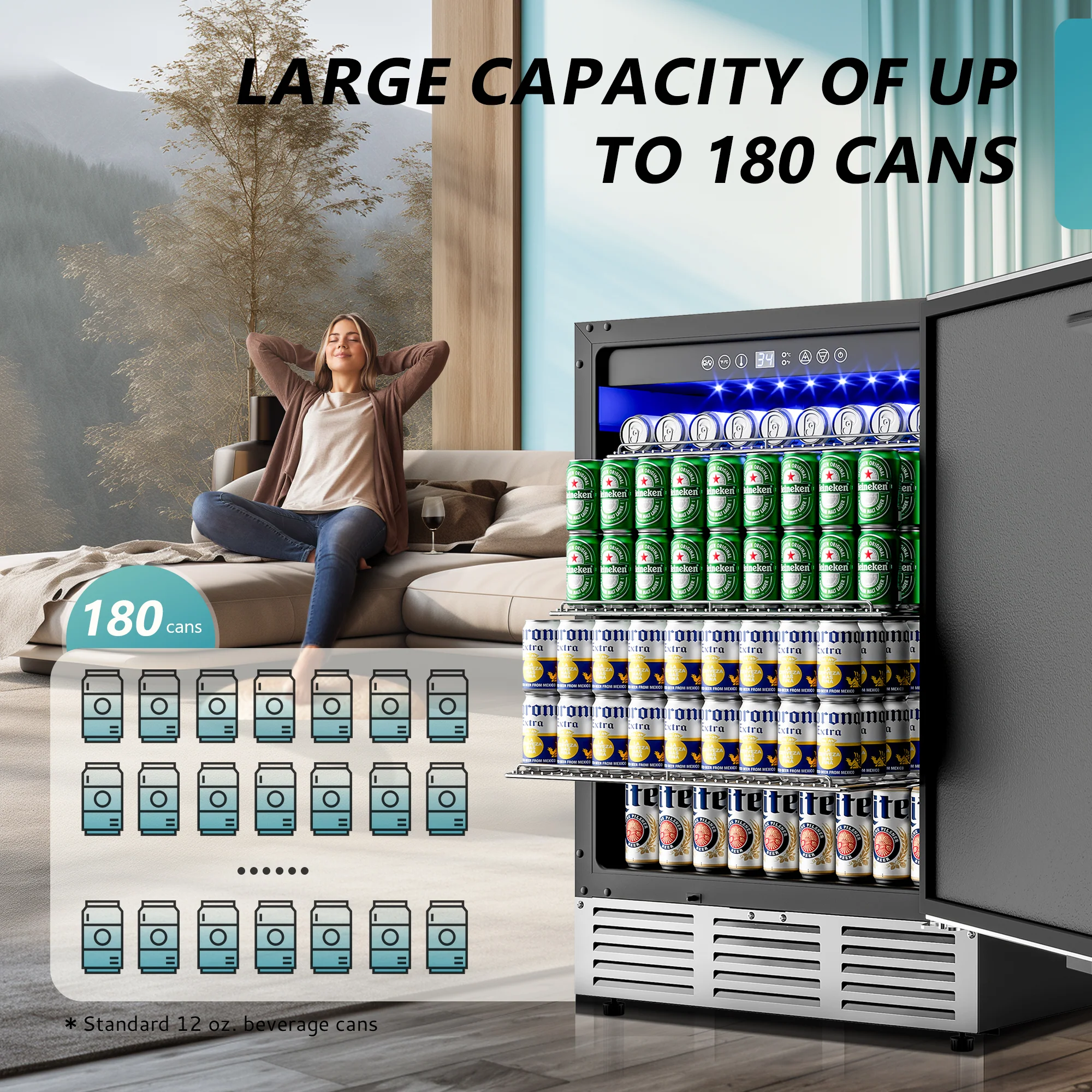 Beverage Refrigerator Large capacity 15 Inch, Stainless Steel Door