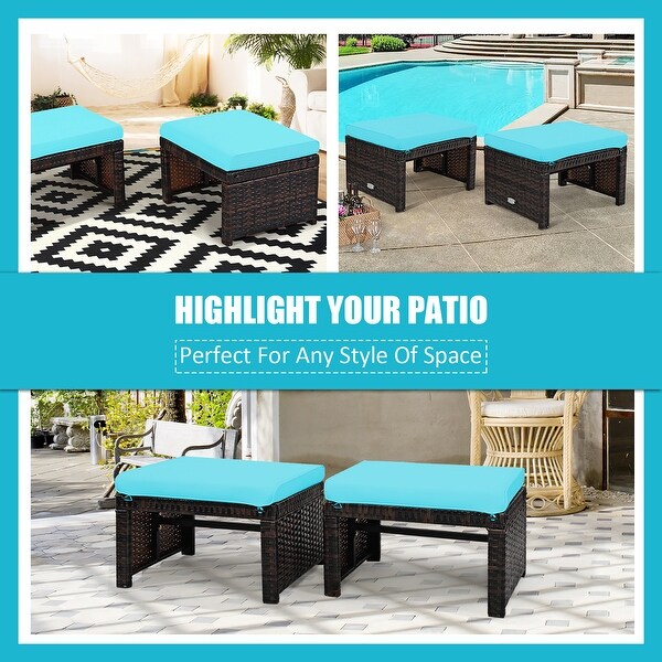 Costway 2PCS Patio Rattan Ottoman Cushioned Seat Foot Rest Furniture