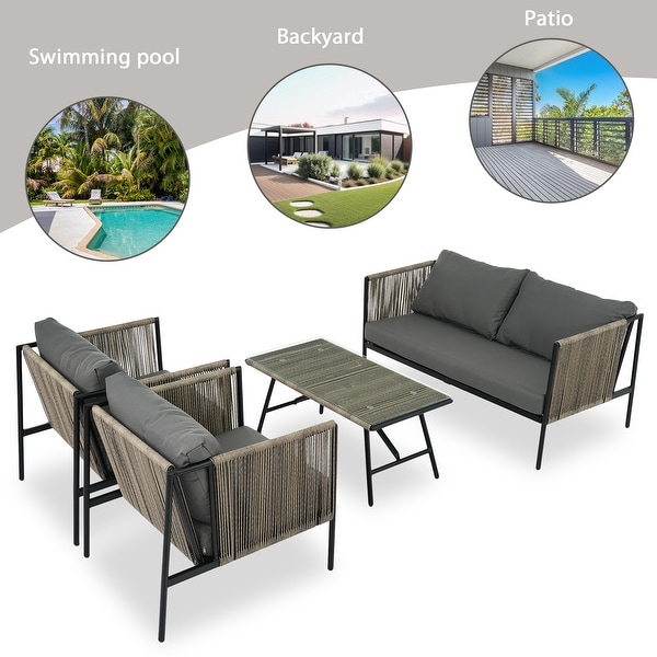 AllWeather Patio Furniture 4piece Rope Sofa Set with Thick Cushions and Toughened Glass Table