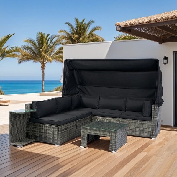 7Piece Patio Furniture Set,Retractable Canopy Rattan Sofa Set