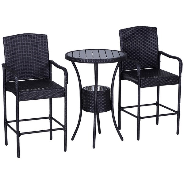 3 Pieces Rattan Wicker Bar Set with Ice Buckets,1 Bar Table and 2 Bar Stools for Poolside,Backyard,Porches