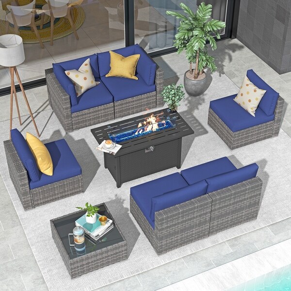 Outdoor 8 Pieces Sectional Wicker Sofa Set with Fire Pit