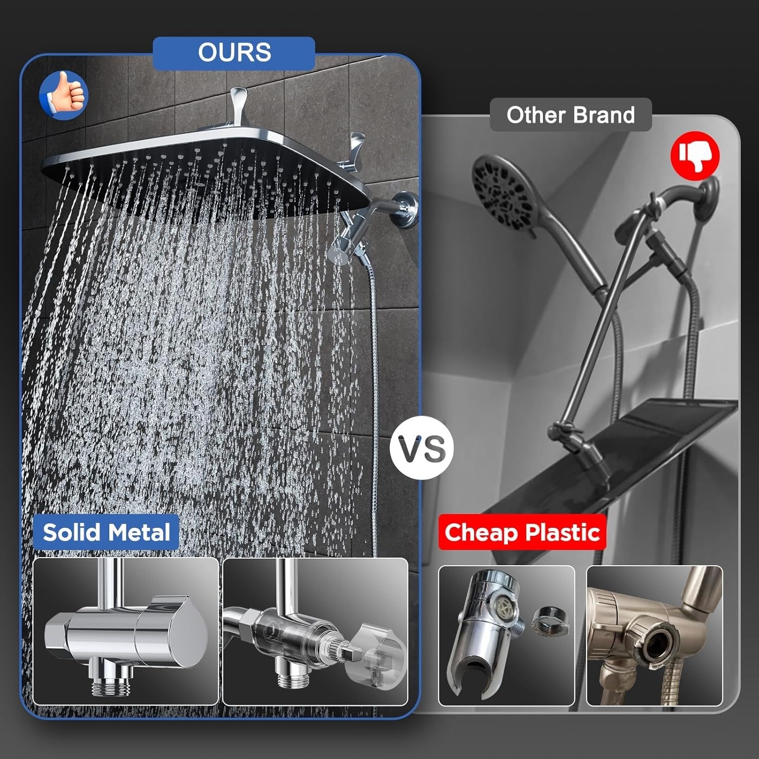 14′′ Wide Rain Shower Head with Handheld, High Pressure Handheld Shower Heads with Multi Spray Modes, Rainfall Combo with Metal Extension Arm,Detachable Dual Shower, Extra Long Hose,Silver Chrome