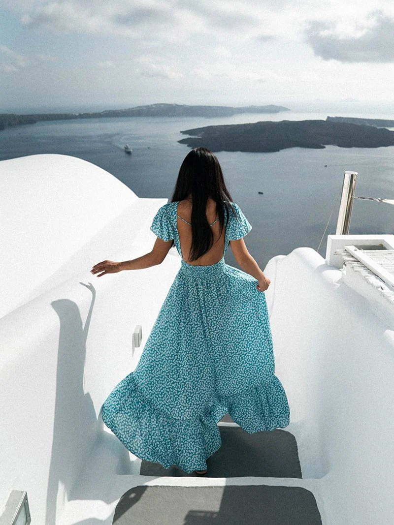 Backless Maxi Dress with Ruffles & Floral PrintClistos