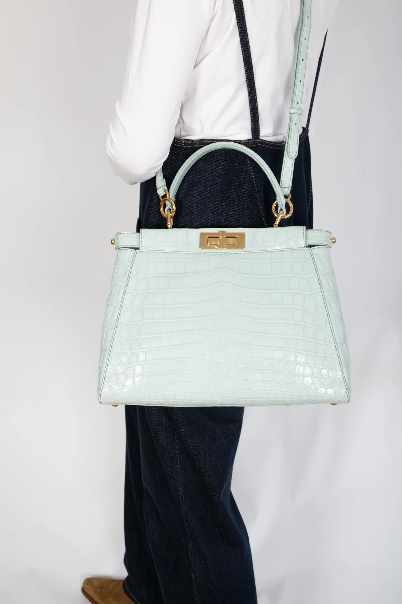 Fendi Peekaboo Medium Pale Blue Crocodile Soft Gold Hardware
