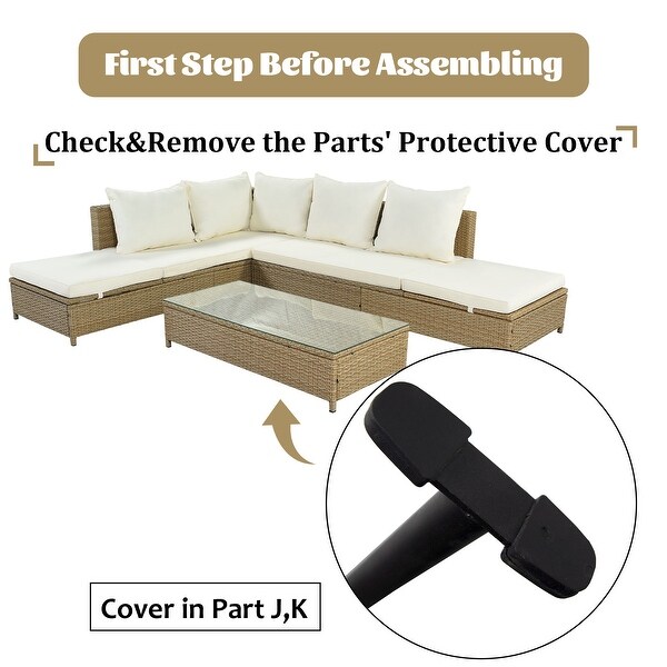 Patio 3Piece Rattan Sofa Set PE Wicker Sectional Set with Adjustable Chaise Lounge Frame and Tempered Glass Table