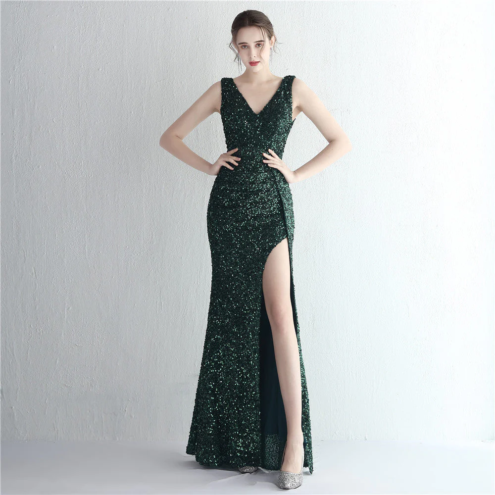 Sequined Fishtail Gown with High SlitClistos