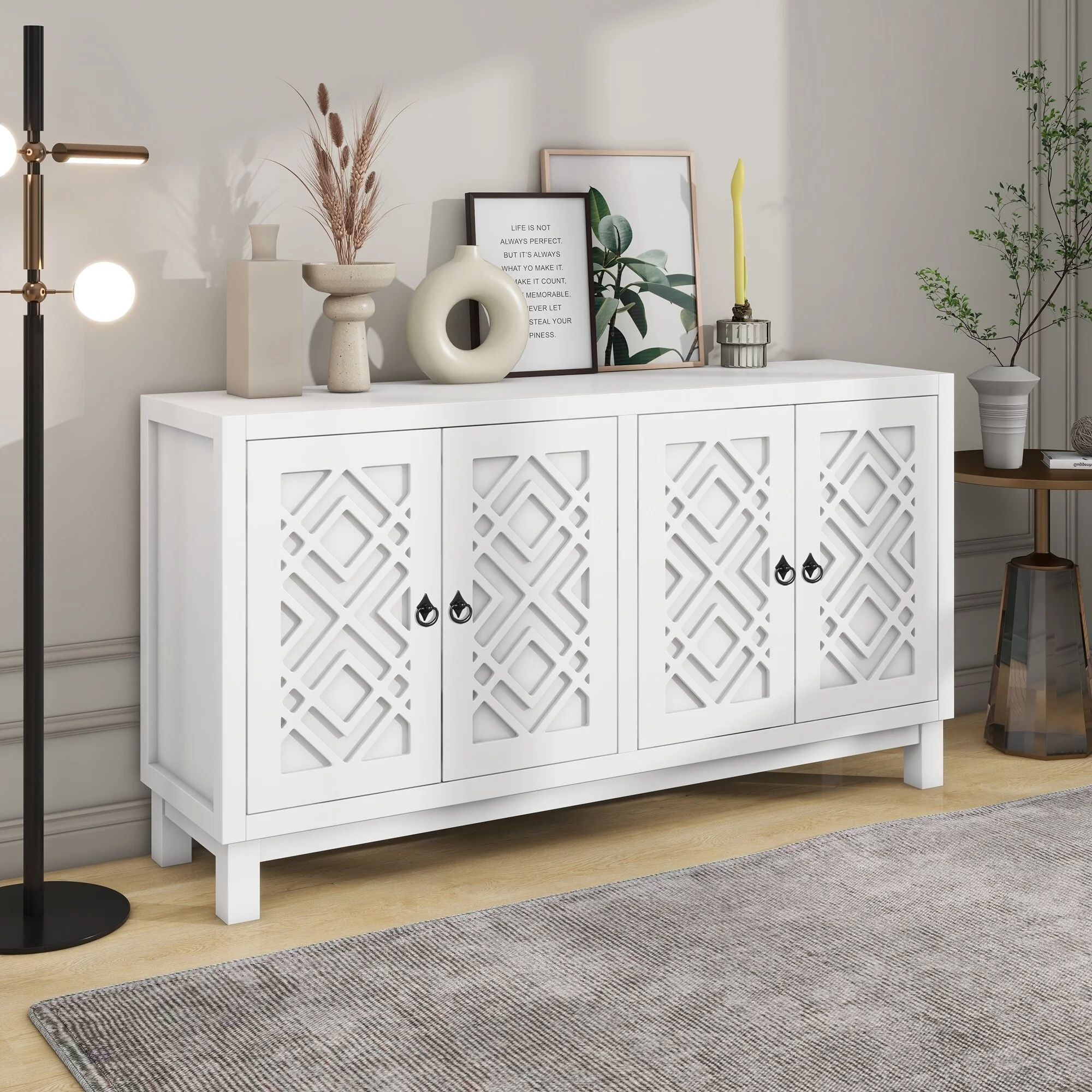 Large Storage Space Sideboard, 4 Door Buffet Cabinet with Pull Ring Handles Black