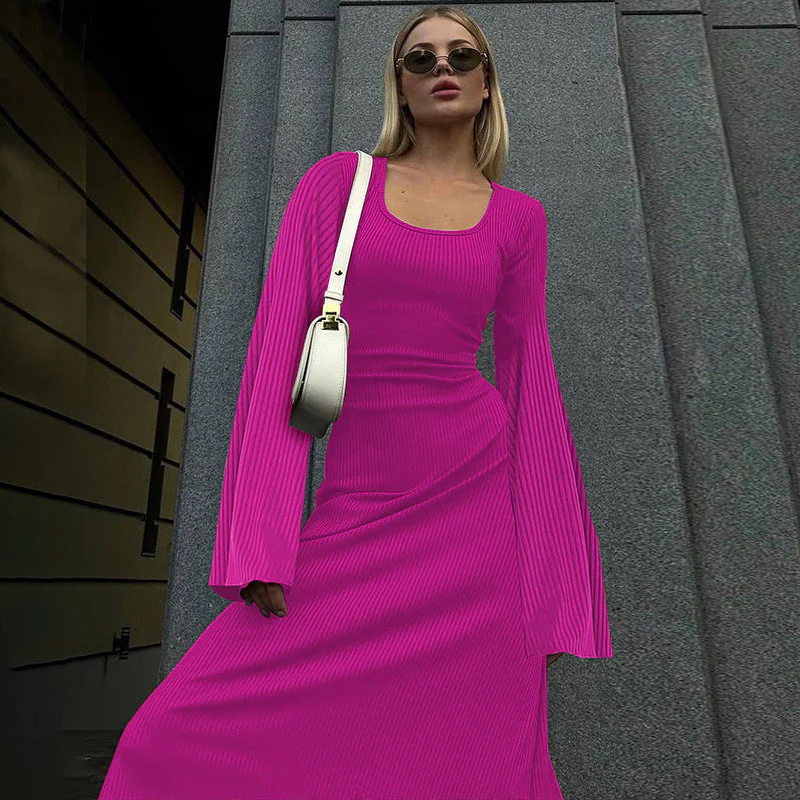 Ribbed Knit Maxi Dress with Flare SleevesClistos