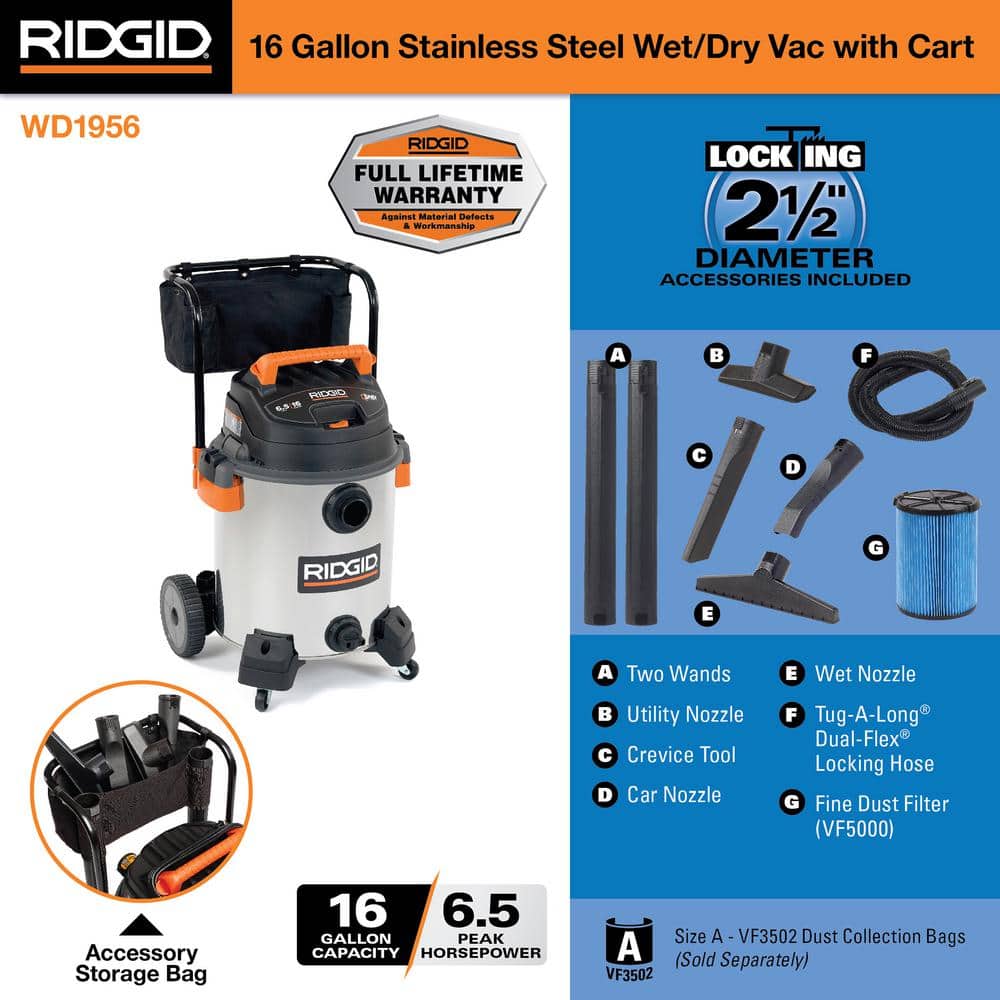 Ridgid 16 Gallon 6.5 Peak HP Stainless Steel Wet/Dry Shop Vacuum with Fine Dust Filter, Locking Hose and Accessories WD1956