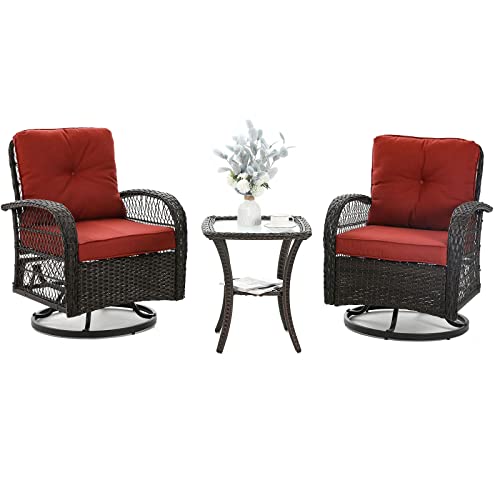3 Pieces Patio Furniture Set, Outdoor Swivel Glider Rocker, Wicker Patio Bistro Set with Rocking Chair, Thickened Cushions and Table for Porch (Blue)