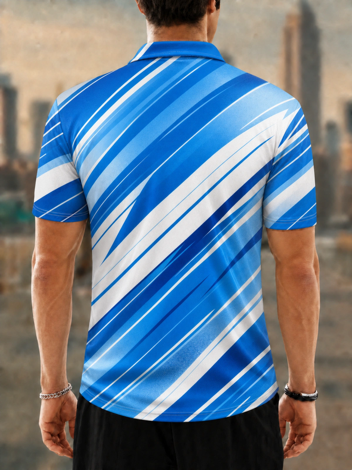 Moisture Wicking Golf Polo 3D Blue White Slant Geometric Stripe Button Short Sleeve Golf Polo Shirt