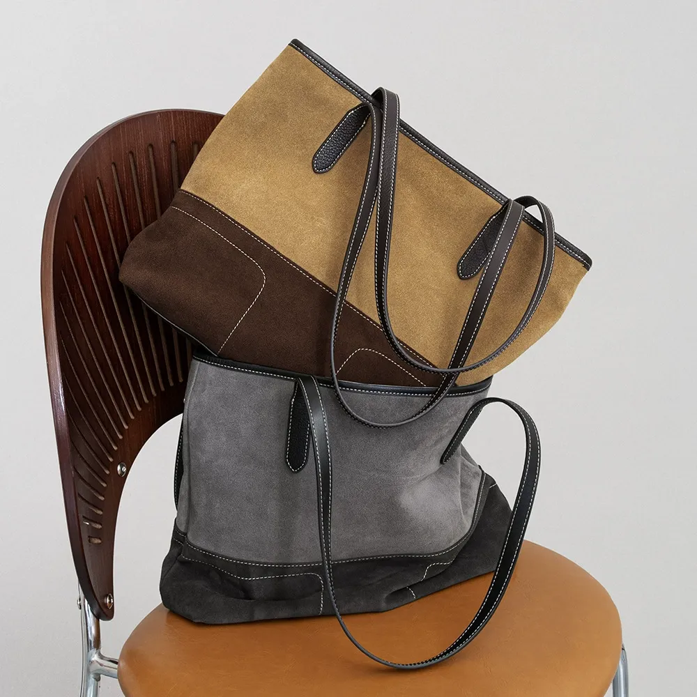 Effortless Retro Sophistication Suede Colorblock Tote Bag