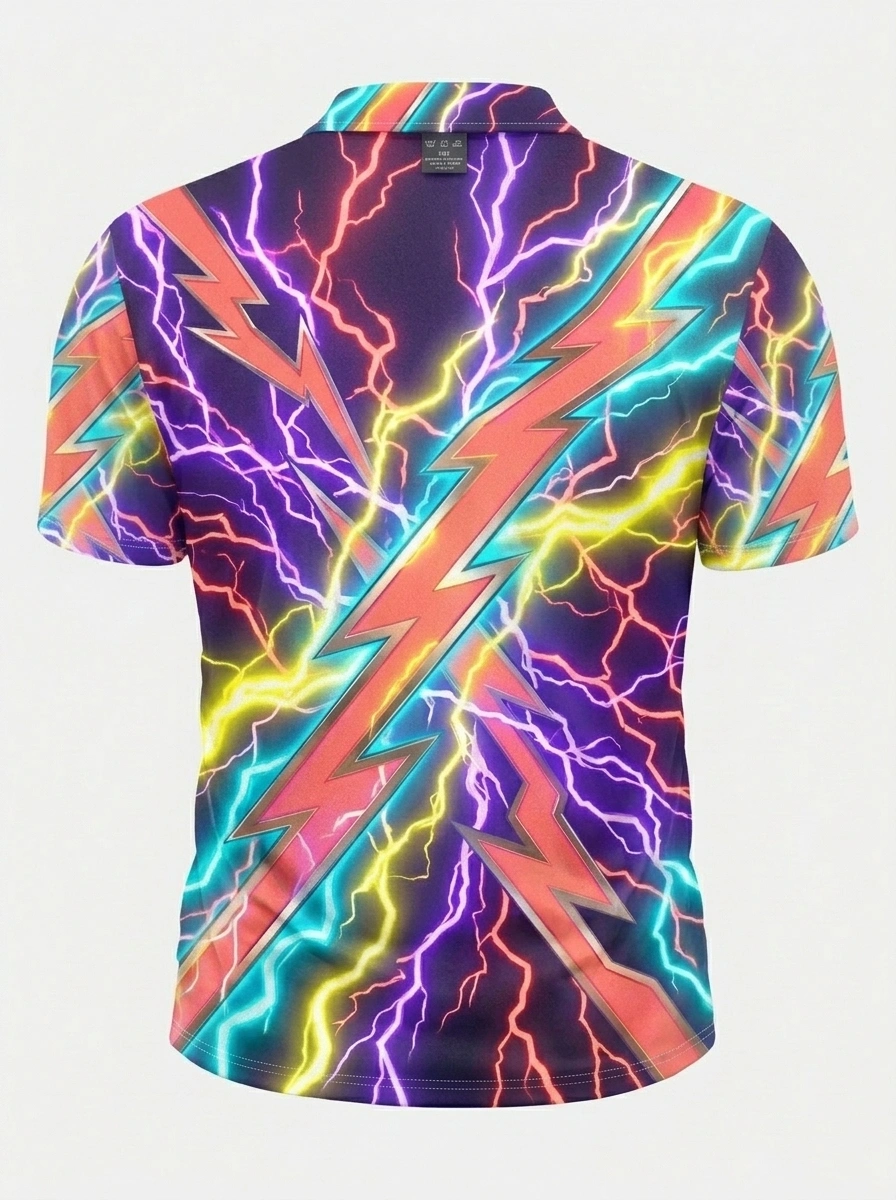 Moisture Wicking Golf Polo 3D Purple Multicolor Lightning Button Short Sleeve Golf Polo Shirt