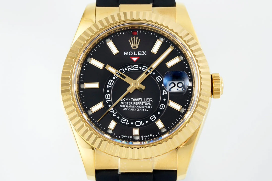 Rolex Sky-Dweller 42mm Gold Case Black Dial Rubber Strap