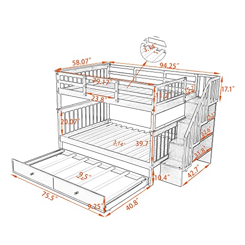 Harper & Bright Designs Full Over Full Bunk Beds with Twin Size Trundle and Stairs, Wood Bunk Bed with Storage Shelves and Guard Rail, Full Size Bunk Bed Frame for Kids, Teens, Adults (Full, White)